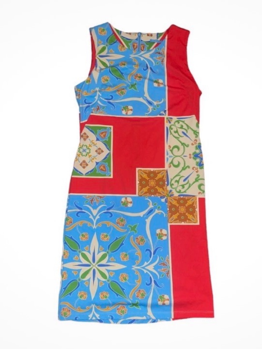 J McLaughlin Print Sleeveless Dress XS Red Blue Gold Resort Stretch